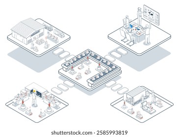 3D Isometric logistics supply chain integrates fleet management, warehousing, and planning systems, utilizing AGVs and AMRs for automated warehouse operations.