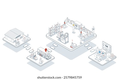 3D isometric Logistics warehouse operations blend manual and automated systems using forklifts, trucks, and AGVs for efficient material handling.