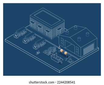 3D isometric logistics Warehouse Work Process Concept with Transportation operation service, Export, Import, Cargo, Forklif, Delivery Truck. Vector illustration EPS 10