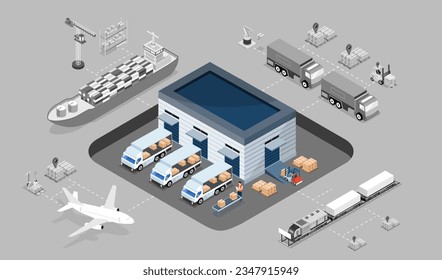 3D isometric logistics Warehouse Work Process Concept with Transportation operation service, Export, Import, Cargo, Forklift, Delivery Truck. Vector illustration EPS 10