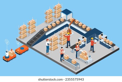 3D isometric logistics Warehouse Work Process Concept with Transportation operation service, Export, Import, Cargo, Forklift, Delivery Truck. Vector illustration EPS 10