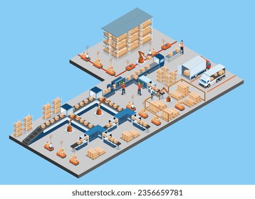 3D Isometric Logistics Warehouse Work Process Concept with Transportation operation service, Industrial Internet of Things and Autonomous Robot. Vector illustration EPS 10