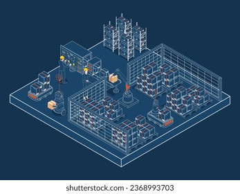 3D Proceso de trabajo de almacén de logística isométrica Concepto con servicio de operación de transporte, Internet industrial de las cosas y Robot autónomo. Ilustración del vector EPS 10