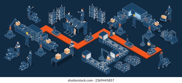 3D Proceso de trabajo de almacén de logística isométrica Concepto con servicio de operación de transporte, Internet industrial de las cosas y Robot autónomo. Ilustración del vector EPS 10