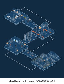 3D Isometric Logistics Warehouse Work Process Concept with Transportation operation service, Industrial Internet of Things and Autonomous Robot. Vector illustration EPS 10