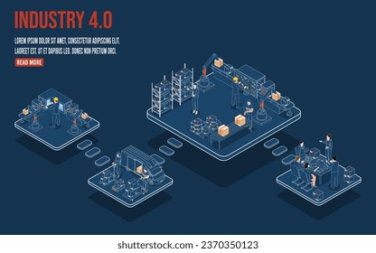 3D Proceso de trabajo de almacén de logística isométrica Concepto con servicio de operación de transporte, Internet industrial de las cosas y Robot autónomo. Ilustración del vector EPS 10