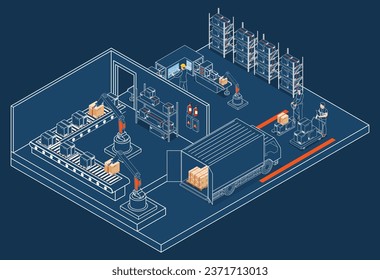 3D Proceso de trabajo de almacén de logística isométrica Concepto con servicio de operación de transporte, Internet industrial de las cosas y Robot autónomo. Ilustración del vector EPS 10