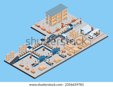 3D Isometric Logistics Warehouse Work Process Concept with Transportation operation service, Industrial Internet of Things and Autonomous Robot. Vector illustration EPS 10