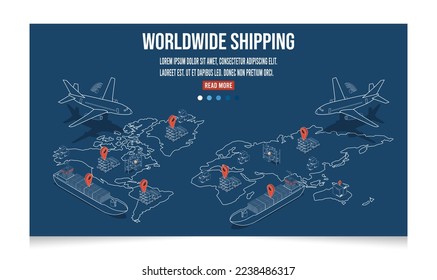 3D isometric Logistics Worldwide Shipping concept with Sea freight transport, Maritime transport company, Products Shipping Process. Vector illustration eps10