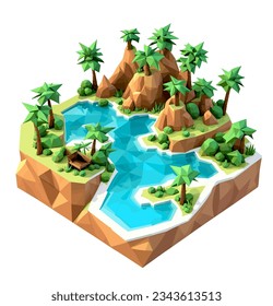 3D isometric low poly portrayal of a tropical island with a river with simplistic, low-polygon trees. Vector illustration for crafting designs backgrounds