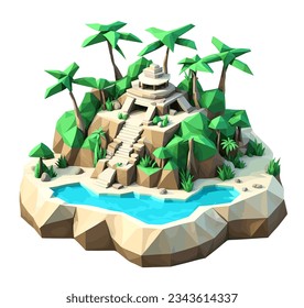3D isometric low poly portrayal of a tropical island with a river with simplistic, low-polygon trees. Vector illustration for crafting designs backgrounds