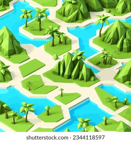 3D isometric low poly portrayal of a tropical island adorned with simplistic, low-polygon trees. Vector illustration for crafting stylized designs, ideal for visual impact of banners, posters