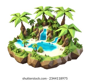 Representación isométrica de polos bajos en 3D de una isla tropical con un río con árboles simplistas y de polígonos bajos. Ilustración vectorial para diseños de fondo