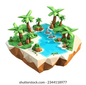 3D isometric low poly portrayal of a tropical island with a river with simplistic, low-polygon trees. Vector illustration for crafting designs backgrounds