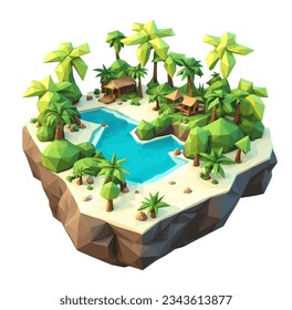 3D isometric low poly of a tropical island with the river, graced with minimalist low-polygon trees. Vector illustration is a creative toolkit for designing in a distinctive style