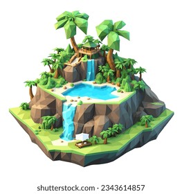 3D isometrische Low-Poly einer tropischen Insel mit dem Fluss, mit minimalistischen Low-Poly-Bäumen gezeichnet. Vektorgrafik ist ein kreatives Toolkit für das Design in einem besonderen Stil