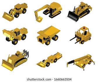 3d isometric machinery building, construction equipment, excavator, bulldozer, rig dump, forklift, truck crane