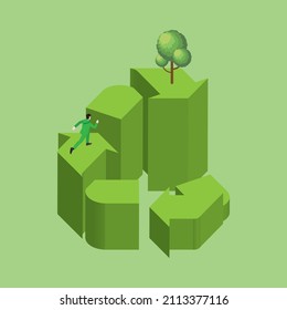 3D Isometric of a man runs on a loop of step RECYCLE Symbol with a tree. Recycling cycle concept of environmental concern and protection, Earth day,  save the planet, Eco friendly, sustainability.