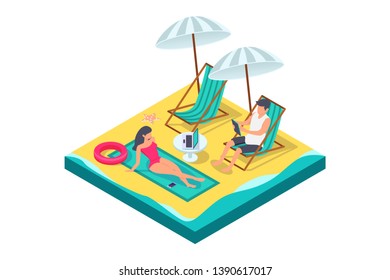 3d isometric man and woman couple with equipment on beach. Concept isolated young characters on vacation with laptop, tablet, chairs near sea. Low poly. Vector illustration.