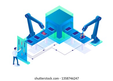 3d isometric man at work with semi automatic production. Concept businessman employee character with modern technology and new interface. Low poly. Vector illustration.