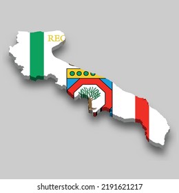 3d isometrische Karte von Apulien ist eine Region Italiens mit nationaler Flagge