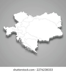 3d isometric map of Austria-Hungary isolated with shadow, former state