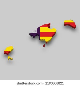 3d isometric Map of Balearic Islands is a region of Spain with national flag