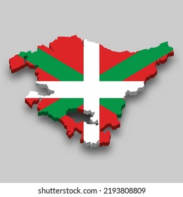 3d isometric Map of Basque Country is a region of Spain with national flag