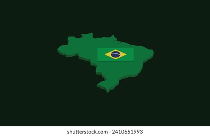 Mapa isométrico 3D de Brasil completo con símbolos y emblemas de bandera, en un fondo verde oscuro