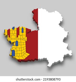 3d isometric Map of Castile La Mancha is a region of Spain with national flag