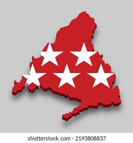 3d isometric Map of Community of Madrid is a region of Spain with national flag