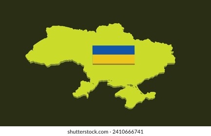 3D isometric map of the country of Ukraine complete with flag symbols and emblems, on a dark yellow background