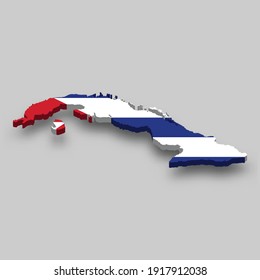 3d isometric Map of Cuba with national flag. Vector Illustration.