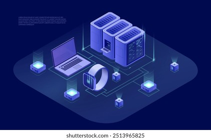 3D Isometric Map of Data Network Management: Cloud Storage, Business Servers, Computers, and Device Synchronization