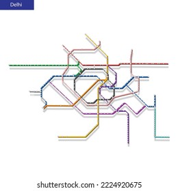 Mapa isométrico 3d del metro de Delhi. Plantilla del plan de transporte urbano para la carretera subterránea