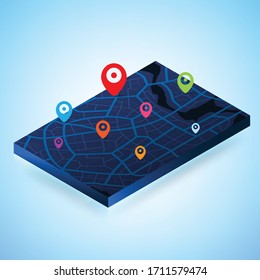 3D Isometric map with destination location point, Aerial clean top view of the day time city map with street and river, Blank urban imagination map, GPS map navigator concept, vector illustration