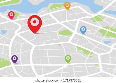 3D Isometric map with destination location point, Aerial clean top view of the day time city map with street and river, Blank urban imagination map, GPS map navigator concept, vector illustration