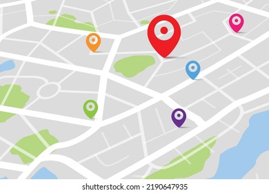 3D Isometric map with destination location point, Aerial clean top view of the day time city map with street and river, Blank urban imagination map, GPS map navigator concept, vector illustration