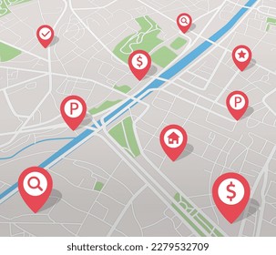3D Isometric map with destination location point. Vector.