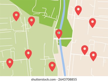 3D Isometric map with destination location points, Blank urban imagination map, GPS map navigator concept, vector illustration. Pastel colors. Streets, grass and river