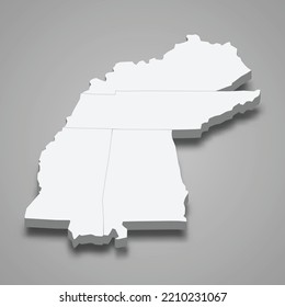 3d Isometric Map East South Central Region Of United States, Isolated With Shadow