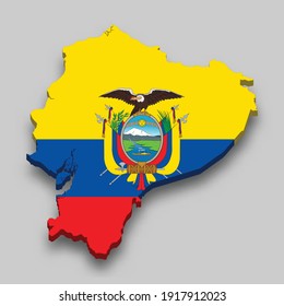 3d isometric Map of Ecuador with national flag. Vector Illustration.