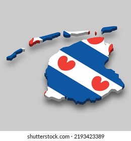 3d isometric Map of Friesland is a region of Netherlands with national flag