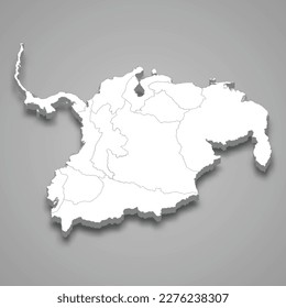 3d isometric map of Gran Colombia isolated with shadow, former state