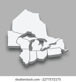 3d isometric map of Great Lakes region, isolated with shadow vector illustration