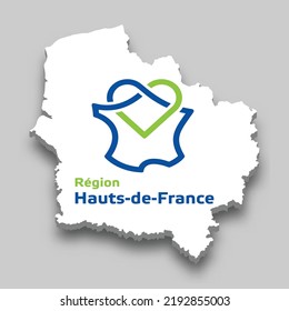 3d isometric Map of Hauts-de-France is a region of France with national flag