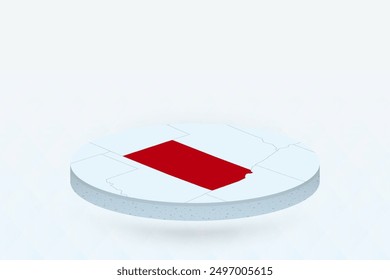 3D Isometric Map Highlighting Kansas in Red. Vector illustration.