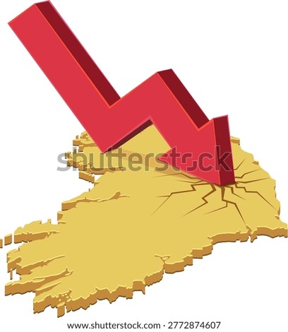 3D isometric map of Ireland struck by a falling red arrow causing cracks, representing economic recession, financial failure and market instability (cut out)