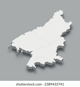 3d isometric map Kwanso Region of Korea, isolated with shadow