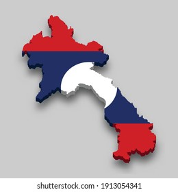 Mapa isométrico 3d de Laos con bandera nacional. Ilustración vectorial.